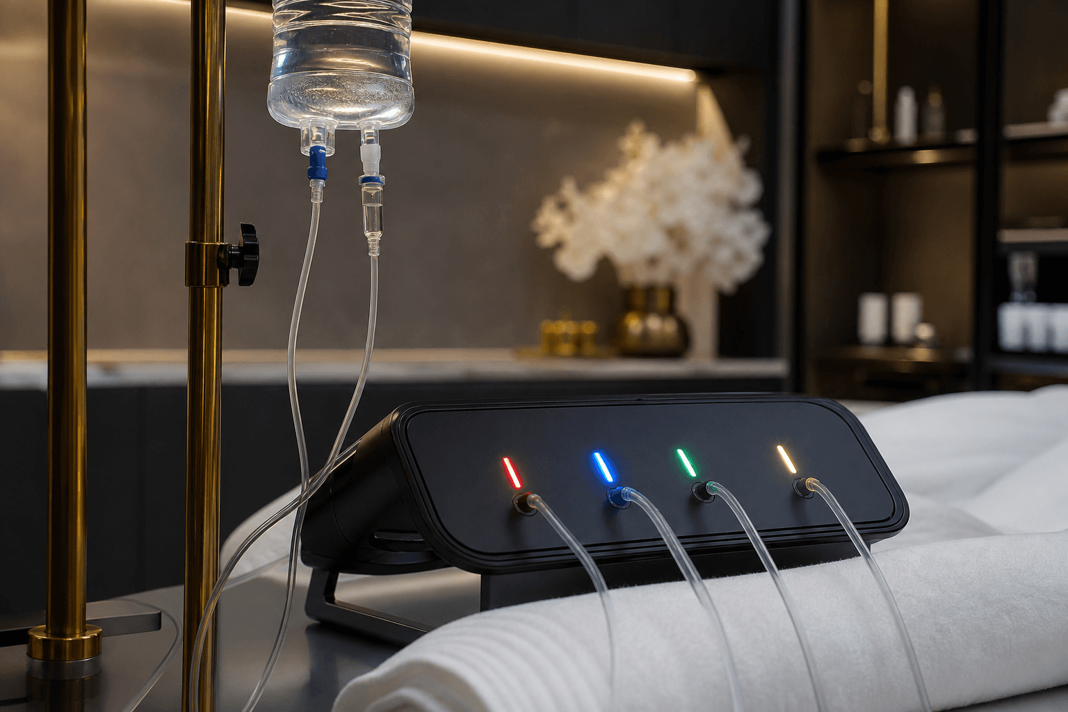 Intravenous laser therapy detail with wavelength lights beside an IV drip